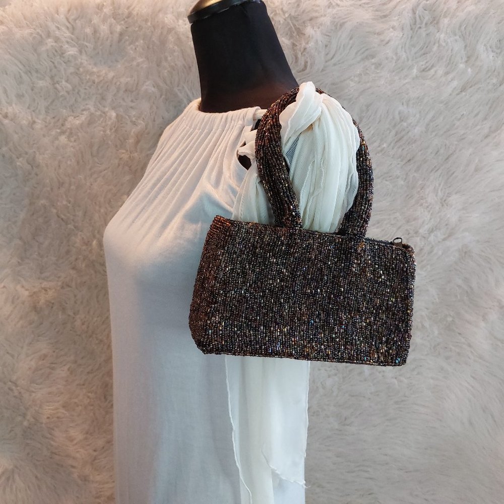 Vintage Handmade Dark Purple Full Beaded Zipper Closer Clutch Evening Handbag